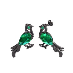 Guguk Kuşu Küpe - Yeşil kuvars ve kök zümrüt 925 ayar siyah rodyum kaplama gümüş küpe #10qm3ga