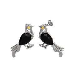 Guguk Kuşu Küpe - Siyah zirkon ve sitrin 14 ayar beyaz altın küpe #14kj70s