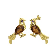 Guguk Kuşu Küpe - Dumanlı kuvars ve ametist 18 ayar altın küpe #1k5rfmz