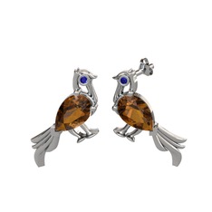 Dumanlı kuvars ve lab safir 14 ayar beyaz altın küpe