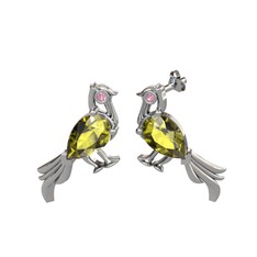 Guguk Kuşu Küpe - Peridot ve pembe kuvars 18 ayar beyaz altın küpe #1si0dt5