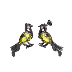 Guguk Kuşu Küpe - Peridot ve pembe kuvars 925 ayar siyah rodyum kaplama gümüş küpe #bpq527