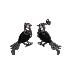 Guguk Kuşu Küpe - Siyah zirkon ve pembe kuvars 925 ayar siyah rodyum kaplama gümüş küpe #cl0pyu