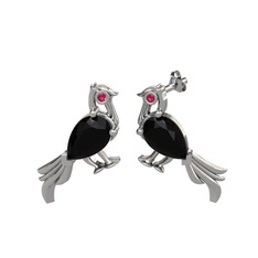 Guguk Kuşu Küpe - Siyah zirkon ve rodolit garnet 8 ayar beyaz altın küpe #ct075b