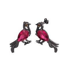 Guguk Kuşu Küpe - Rodolit garnet ve dumanlı kuvars 925 ayar siyah rodyum kaplama gümüş küpe #elu61m