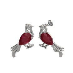 Guguk Kuşu Küpe - Kök yakut ve beyaz zirkon 14 ayar beyaz altın küpe #grng15