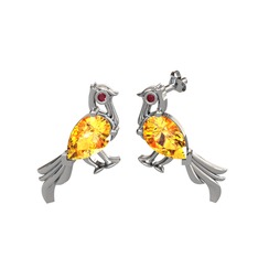 Guguk Kuşu Küpe - Sitrin ve kök yakut 14 ayar beyaz altın küpe #ib5pqg