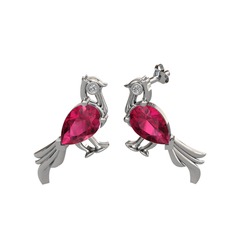 Guguk Kuşu Küpe - Rodolit garnet ve pırlanta 14 ayar beyaz altın küpe (0.03 karat) #le9o5c