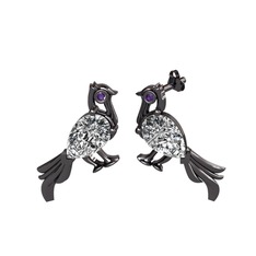Guguk Kuşu Küpe - Swarovski ve ametist 925 ayar siyah rodyum kaplama gümüş küpe #pnbc4p