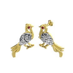 Guguk Kuşu Küpe - Beyaz zirkon ve kök yakut 14 ayar altın küpe #q859ye