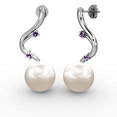 Inci ve ametist 14 ayar beyaz altın küpe