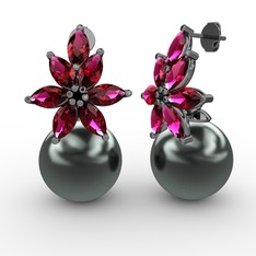 Kar Çiçeği İnci Küpe - Siyah inci ve rodolit garnet 925 ayar siyah rodyum kaplama gümüş küpe #11dgxey