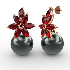 Siyah inci ve garnet 14 ayar rose altın küpe
