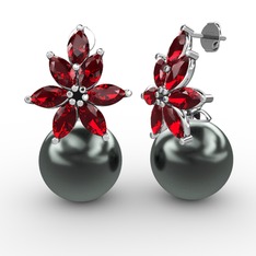 Kar Çiçeği İnci Küpe - Siyah inci ve garnet 925 ayar gümüş küpe #145bdfq