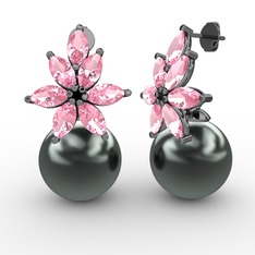Kar Çiçeği İnci Küpe - Siyah inci ve pembe kuvars 925 ayar siyah rodyum kaplama gümüş küpe #17b446s
