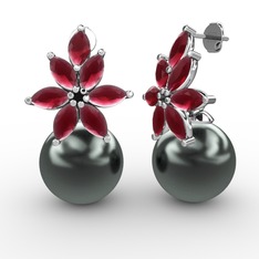 Kar Çiçeği İnci Küpe - Siyah inci ve kök yakut 925 ayar gümüş küpe #195qlo4