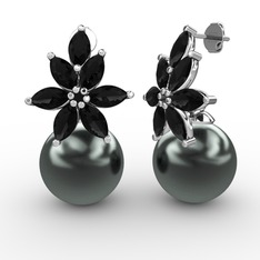 Kar Çiçeği İnci Küpe - Siyah inci ve siyah zirkon 14 ayar beyaz altın küpe #19i0k2g