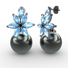 Kar Çiçeği İnci Küpe - Siyah inci ve akuamarin 925 ayar siyah rodyum kaplama gümüş küpe #19kyva0