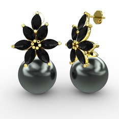 Kar Çiçeği İnci Küpe - Siyah inci ve siyah zirkon 8 ayar altın küpe #19ntitd