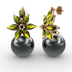 Kar Çiçeği İnci Küpe - Siyah inci ve peridot 14 ayar rose altın küpe #1ftc37l