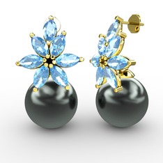 Kar Çiçeği İnci Küpe - Siyah inci ve akuamarin 14 ayar altın küpe #1i40zd5