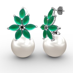 Kar Çiçeği İnci Küpe - Inci ve kök zümrüt 14 ayar beyaz altın küpe #1jc0nl3