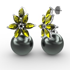 Kar Çiçeği İnci Küpe - Siyah inci ve peridot 14 ayar beyaz altın küpe #1l2xm8n