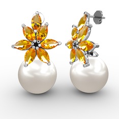 Kar Çiçeği İnci Küpe - Inci ve sitrin 14 ayar beyaz altın küpe #1lzkyzi