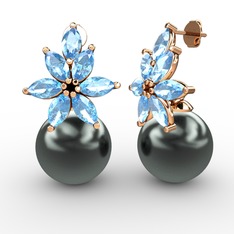 Kar Çiçeği İnci Küpe - Siyah inci ve akuamarin 925 ayar rose altın kaplama gümüş küpe #1mmpcni