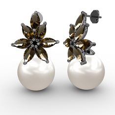 Kar Çiçeği İnci Küpe - Inci ve dumanlı kuvars 925 ayar siyah rodyum kaplama gümüş küpe #1so5kim