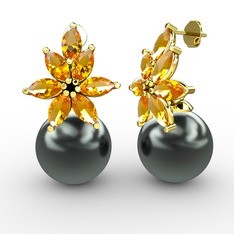 Kar Çiçeği İnci Küpe - Siyah inci ve sitrin 925 ayar altın kaplama gümüş küpe #1v3hdg0