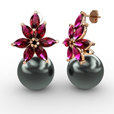 Kar Çiçeği İnci Küpe - Siyah inci ve rodolit garnet 14 ayar rose altın küpe #2e0xce