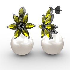 Kar Çiçeği İnci Küpe - Inci ve peridot 925 ayar siyah rodyum kaplama gümüş küpe #33nt0e