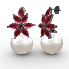 Kar Çiçeği İnci Küpe - Inci ve kök yakut 925 ayar siyah rodyum kaplama gümüş küpe #3thva6