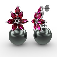 Kar Çiçeği İnci Küpe - Siyah inci ve rodolit garnet 925 ayar gümüş küpe #64any3