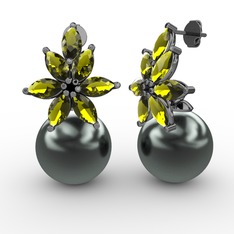 Kar Çiçeği İnci Küpe - Siyah inci ve peridot 925 ayar siyah rodyum kaplama gümüş küpe #el2bol