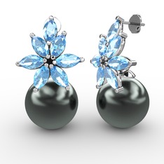 Kar Çiçeği İnci Küpe - Siyah inci ve akuamarin 925 ayar gümüş küpe #ep21xl