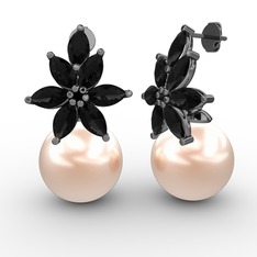 Kar Çiçeği İnci Küpe - Pembe inci ve siyah zirkon 925 ayar siyah rodyum kaplama gümüş küpe #g1k43y