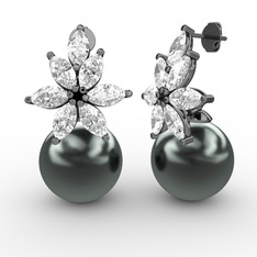Kar Çiçeği İnci Küpe - Siyah inci ve swarovski 925 ayar siyah rodyum kaplama gümüş küpe #gfe398