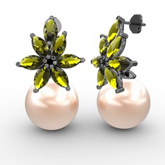 Kar Çiçeği İnci Küpe - Pembe inci ve peridot 925 ayar siyah rodyum kaplama gümüş küpe #oawupt