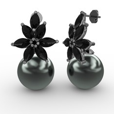 Kar Çiçeği İnci Küpe - Siyah inci ve siyah zirkon 925 ayar siyah rodyum kaplama gümüş küpe #p7by0a