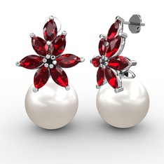 Inci ve garnet 18 ayar beyaz altın küpe