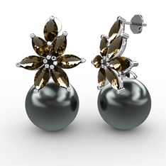 Kar Çiçeği İnci Küpe - Siyah inci ve dumanlı kuvars 14 ayar beyaz altın küpe #urrns1