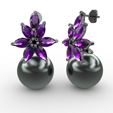 Kar Çiçeği İnci Küpe - Siyah inci ve ametist 925 ayar siyah rodyum kaplama gümüş küpe #y1zeau