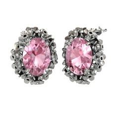 Belka Demet Küpe - Pembe kuvars ve siyah zirkon 8 ayar beyaz altın küpe #15b4e7m