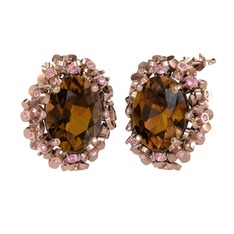 Belka Demet Küpe - Dumanlı kuvars ve pembe kuvars 8 ayar rose altın küpe #19fkf0