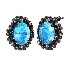 Akuamarin ve swarovski 925 ayar siyah rodyum kaplama gümüş küpe