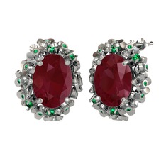 Kök yakut ve yeşil kuvars 8 ayar beyaz altın küpe