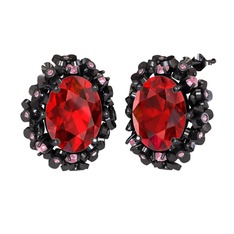 Garnet ve pembe kuvars 925 ayar siyah rodyum kaplama gümüş küpe