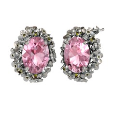 Pembe kuvars ve peridot 18 ayar beyaz altın küpe